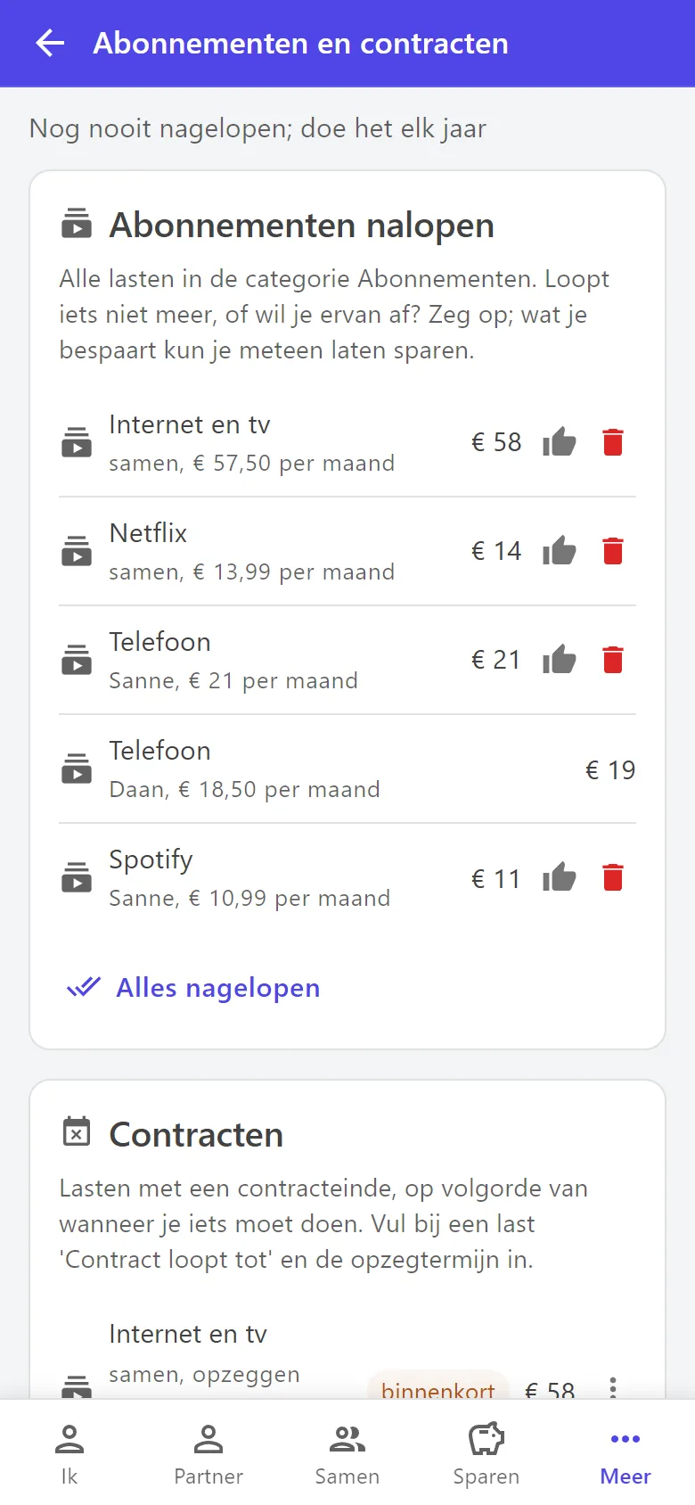 De pagina Abonnementen en contracten met een lijst van abonnementen en de contracten die aflopen