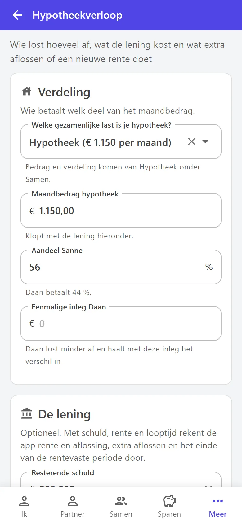 Het Hypotheekverloop met de verdeling van het maandbedrag en de gegevens van de lening