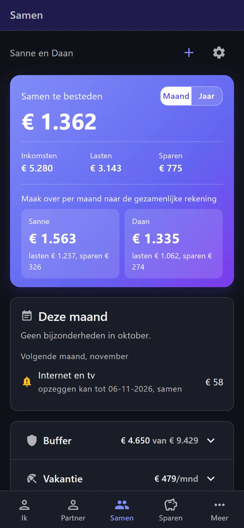 De pagina Samen in de donkere modus