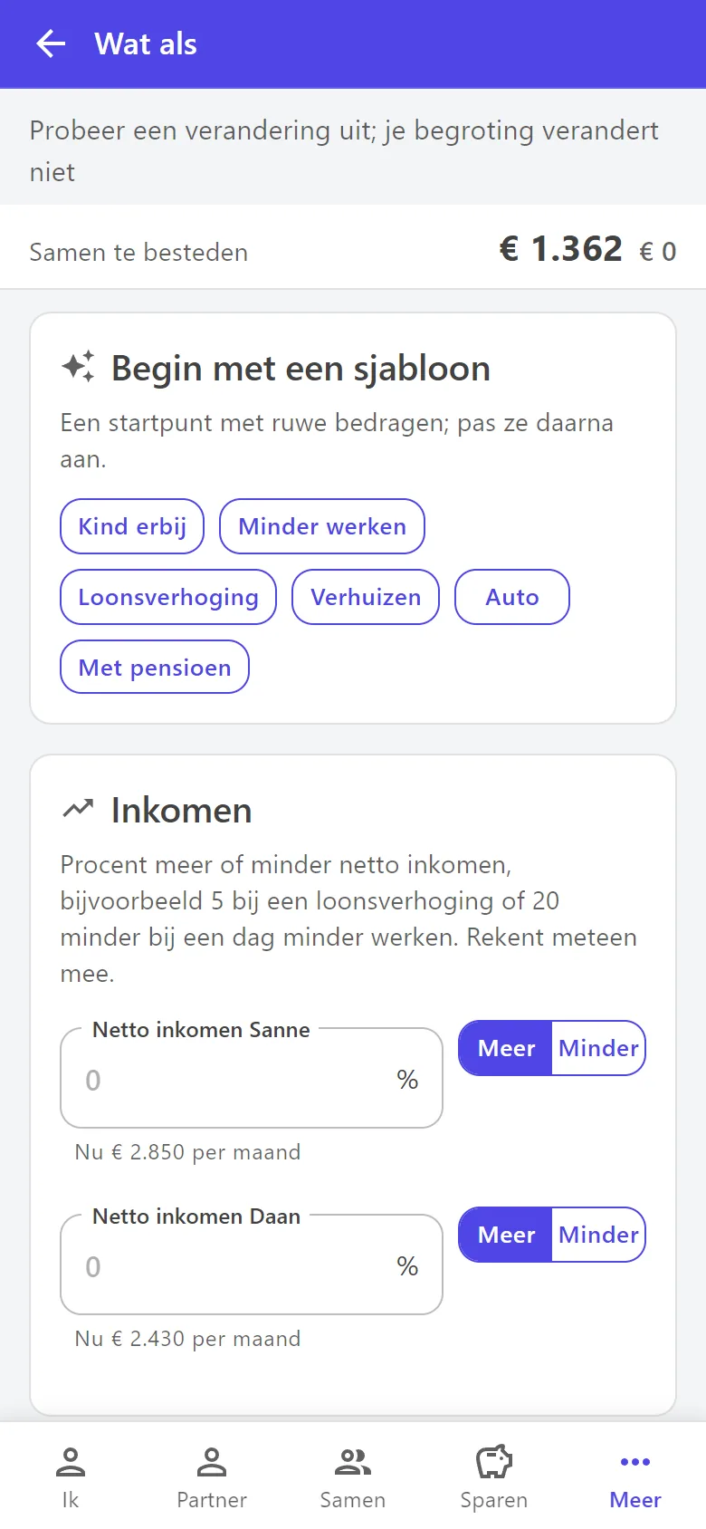 De pagina Wat als met sjablonen zoals Kind erbij en Minder werken, en velden voor een hoger of lager inkomen