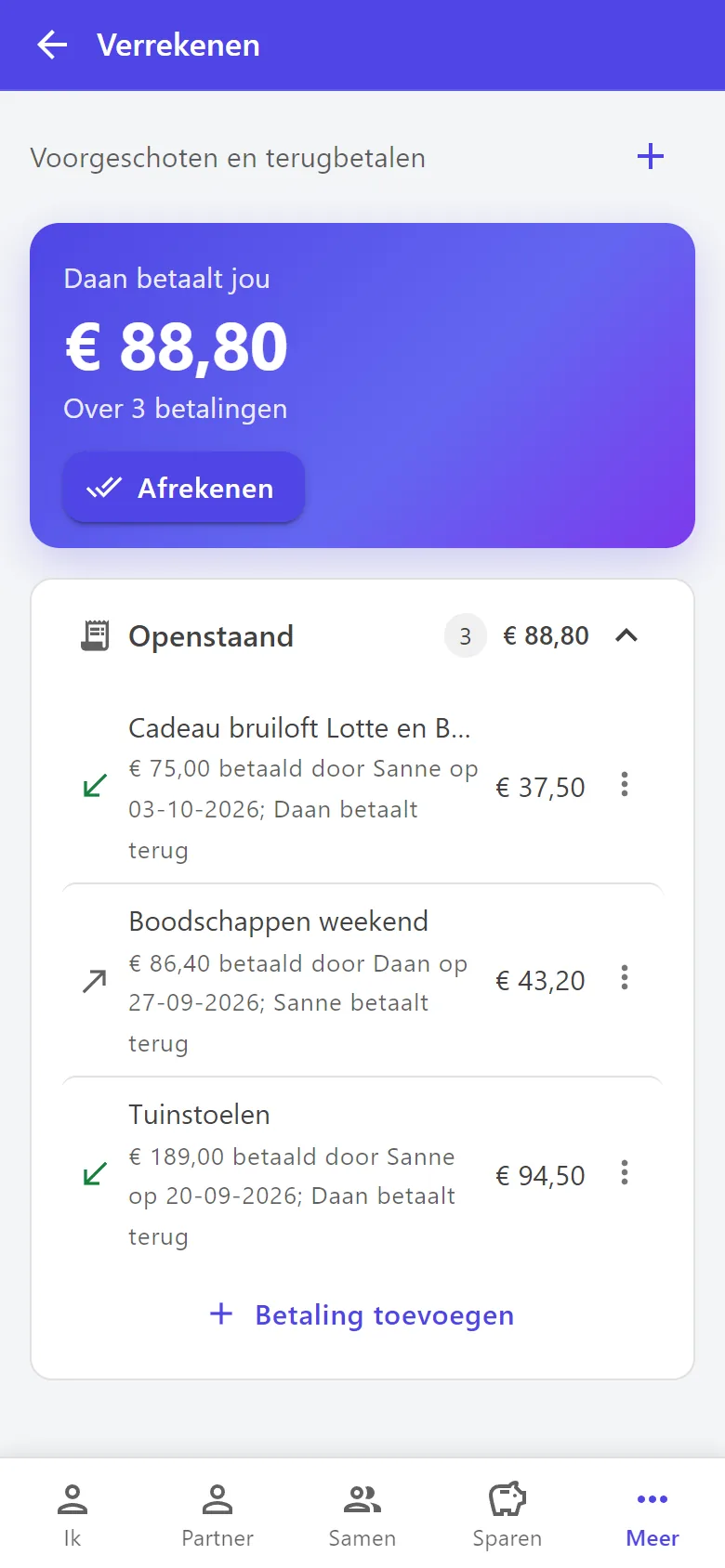 De pagina Verrekenen met voorgeschoten uitgaven en het saldo tussen Sanne en Daan